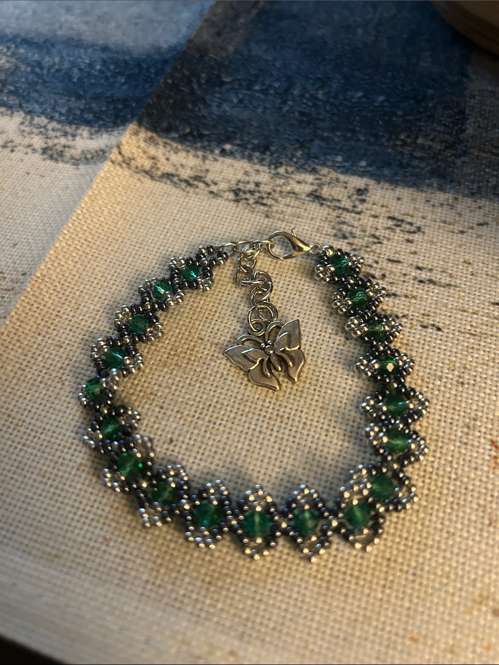 Sterling Silver Emerald Green Crystal Bracelet with Butterfly Charm